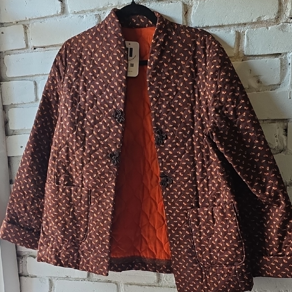 Quilted Brown Floral Jacket with Orange Lining